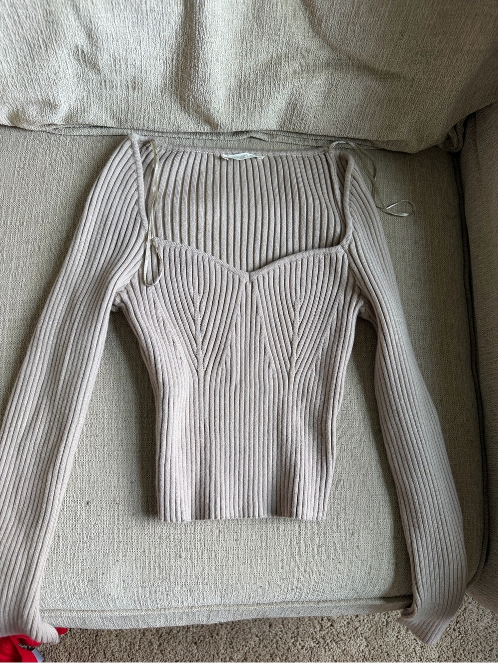 Ribbed Sweetheart Neck Beige Knit Top